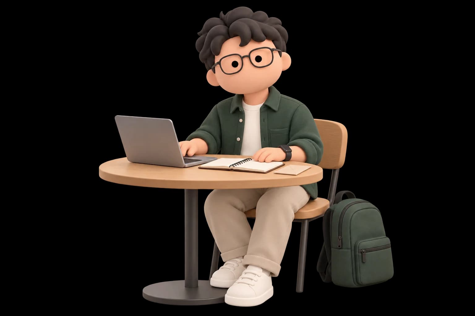 Matthew at a campus project table with a laptop, backpack, and payment envelope.